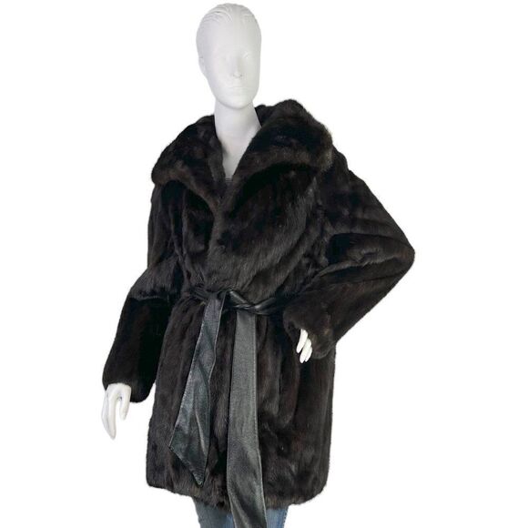 Sakowitz Vintage Mob Wife Dark Brown Mink Stroller Coat Leather Sash Size S/M - Picture 3 of 16